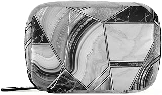 Silver White Lines Marble Granite Agate Black Grey Paint Triangle Tile Pill Case with Removable Internal Plastic Boxes Organizer, Zippered Carrier Small Medicine Bag Holder, Travel Storage Container