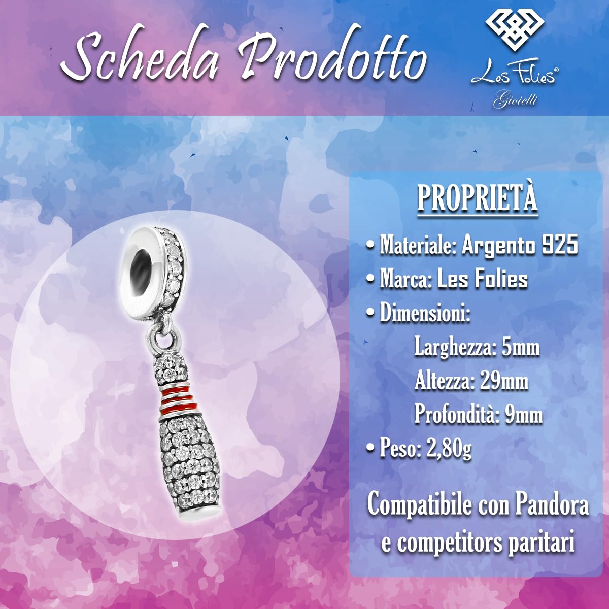 Charm Birillo Bowling Kristall Kugel Anhänger 925 Silber - Les Folies für Pandora, Sterling-Silber, Zirkonia