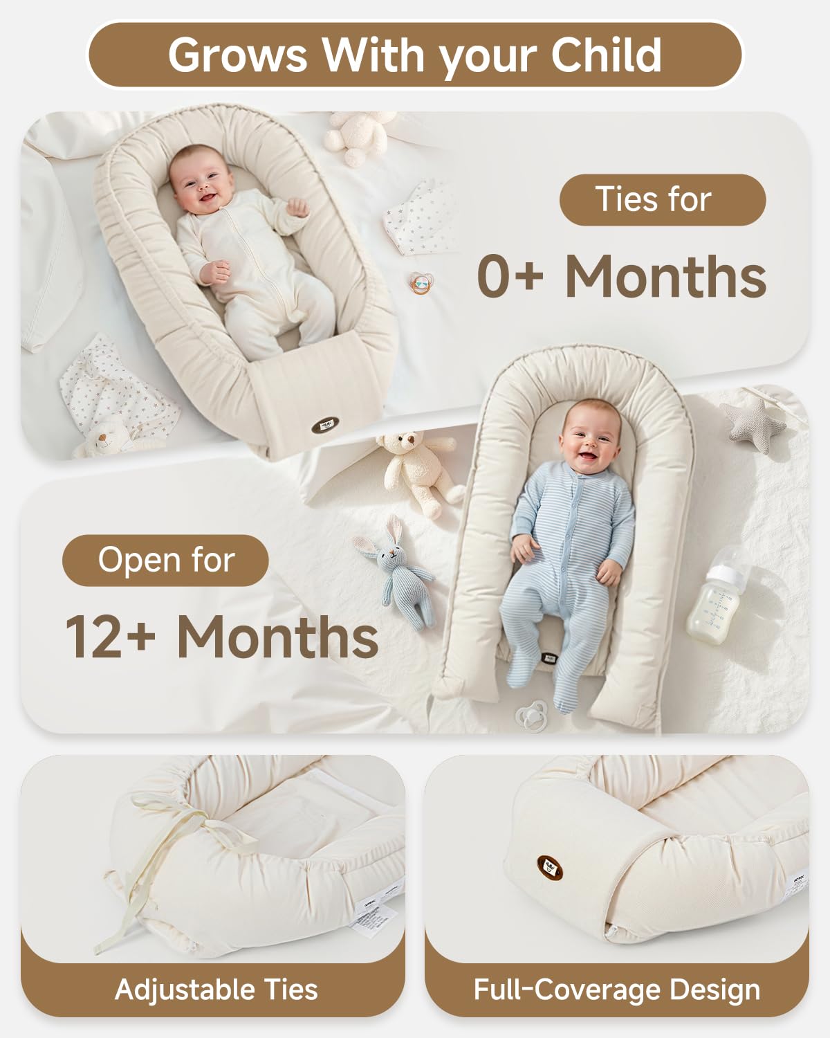 Baby Lounger, Adjustable Baby Lounger for Newborn 0-24 Months, Breathable & Soft Infant Lounger,Tummy Time Lounger for Home and Travel,Baby Girls & Boys Babies Stuff, Baby Shower Gifts, Beige