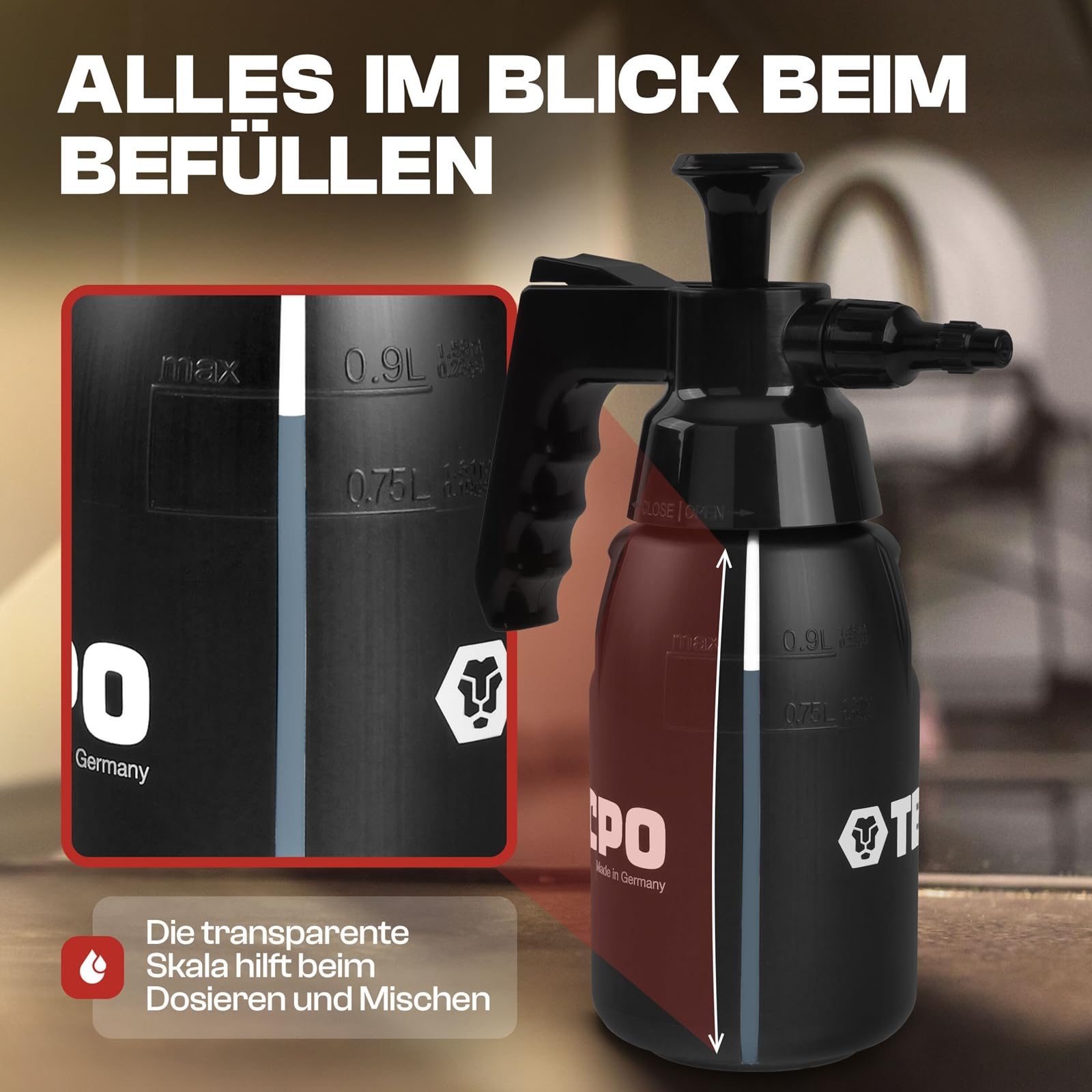 TECPO 3x Druckpumpzerstäuber 1L für Bremsenreiniger, Chemikalienbeständig, verstellbare Düse, 3 bar Druck, ergonomischer Griff, nachhaltiges Bio-PE, Pumpsprühflasche für Reinigung & Industrie