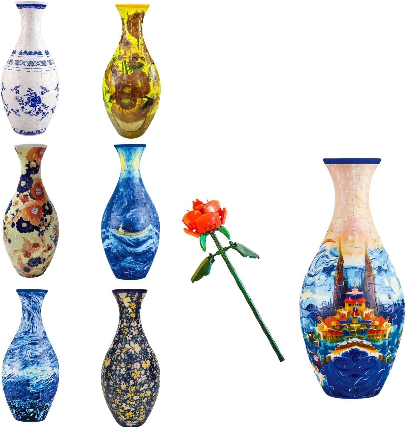 Glorine 3D Art Puzzle Vase, 160 Pcs, Multicolor, Plastic, Floral Pattern, Modern Classic Style, Round Shape, Vase, Use with Flowers or Fake Flowers