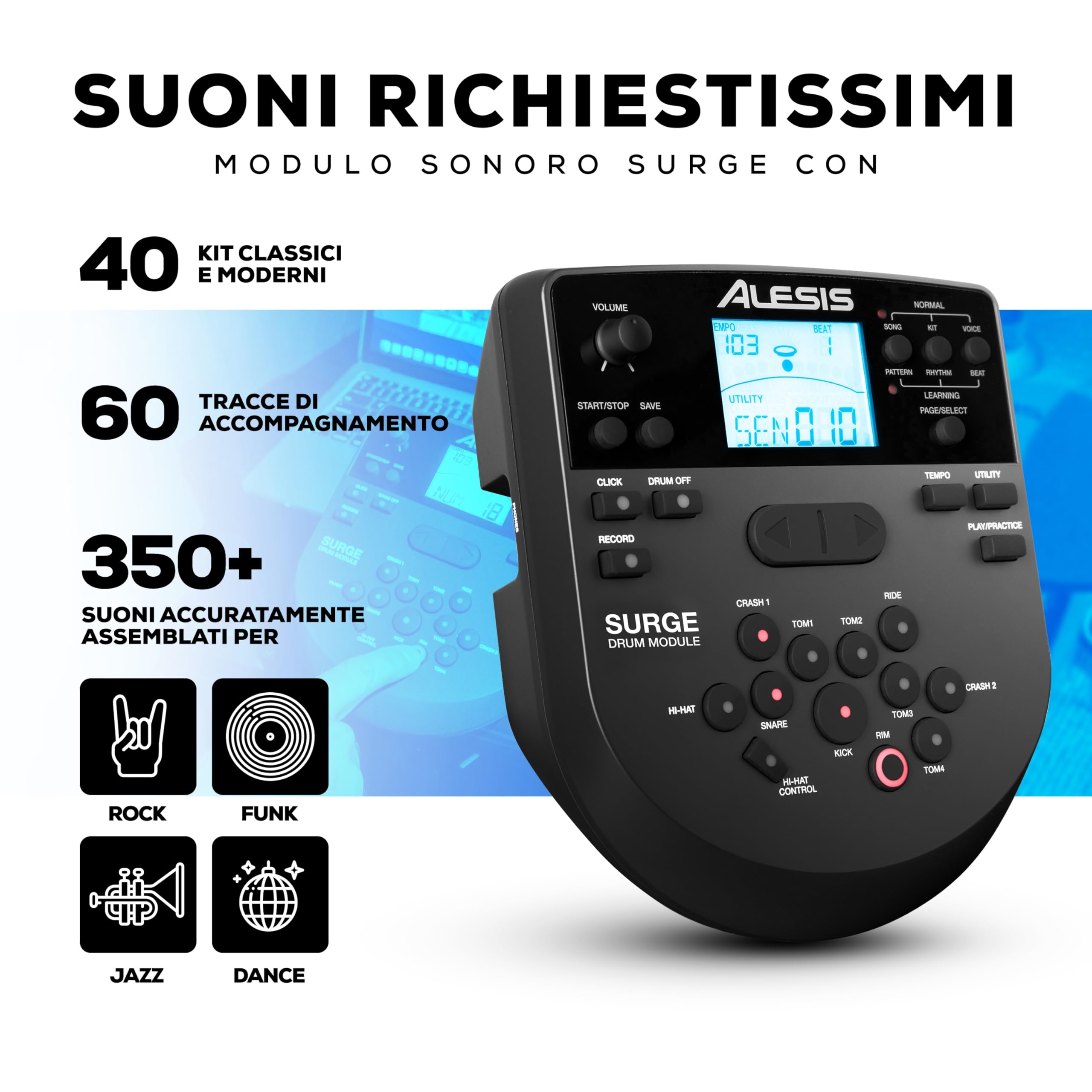 Alesis Surge SE Kit – Batteria Elettronica con Pelli Mesh, Connettività USB MIDI e Modulo con 40 Kit, 385 Suoni e 60 Basi
