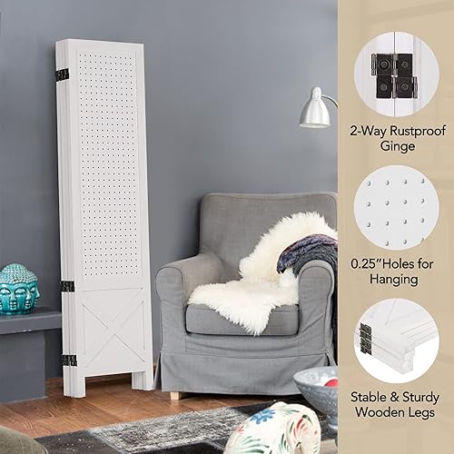 Miniatura 6 de Wnutrees Tablero de clavijas de 4 paneles, pantallas de privacidad plegables de madera de 5 pies, divisor de habitación, tablero portátil