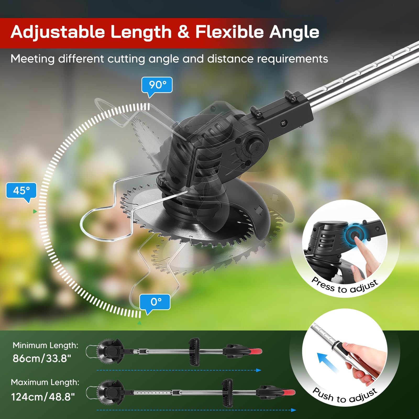 Desbrozadora con batería, 5 en 1 batería con 2 baterías, 4 cuchillas intercambiables para ramas, setos, hierba y musgo, cortacésped eléctrico para patios, jardines y bordes de aceras, altura ajustable