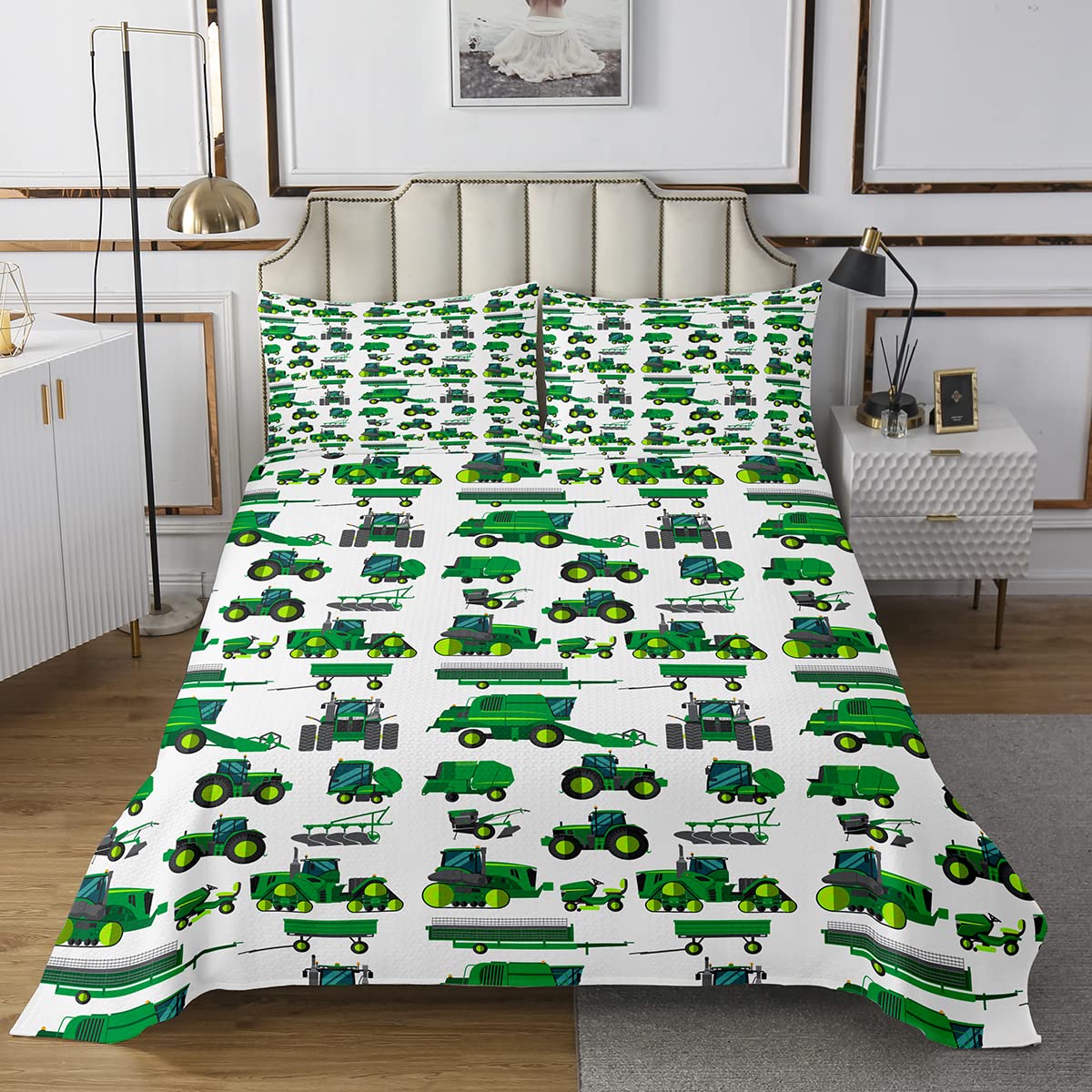 Equipamiento Camiones Acolchada Excavadoras para Niños Niños Niñas Niños Niños Verde Vehículo Coverlet Set Construcción Suave Tractor Acolchado King