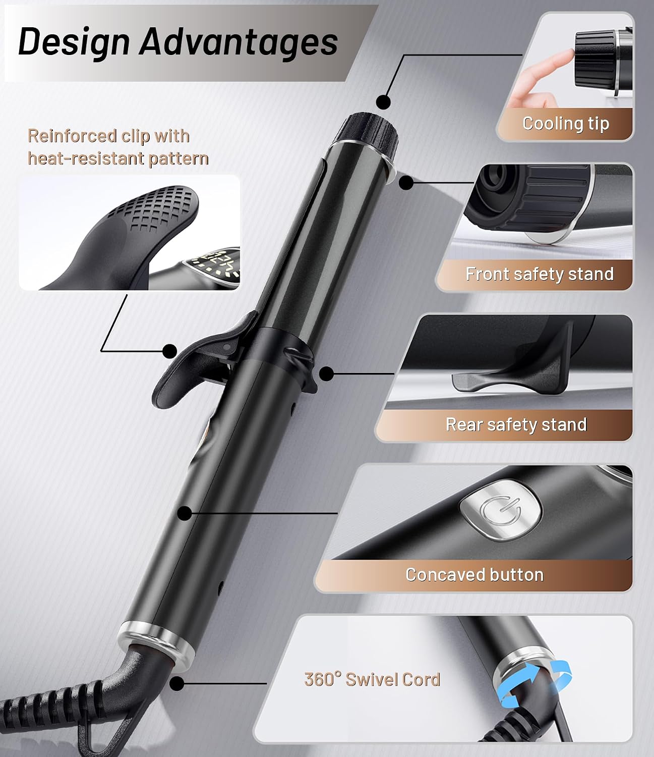1 Inch Mini Travel Curling Iron, 100-240V Travel Dual Voltage Curling Iron for Short Hair with 5 Heat Settings, Small Curling Wand with Temperature Memories and Lock, Silver