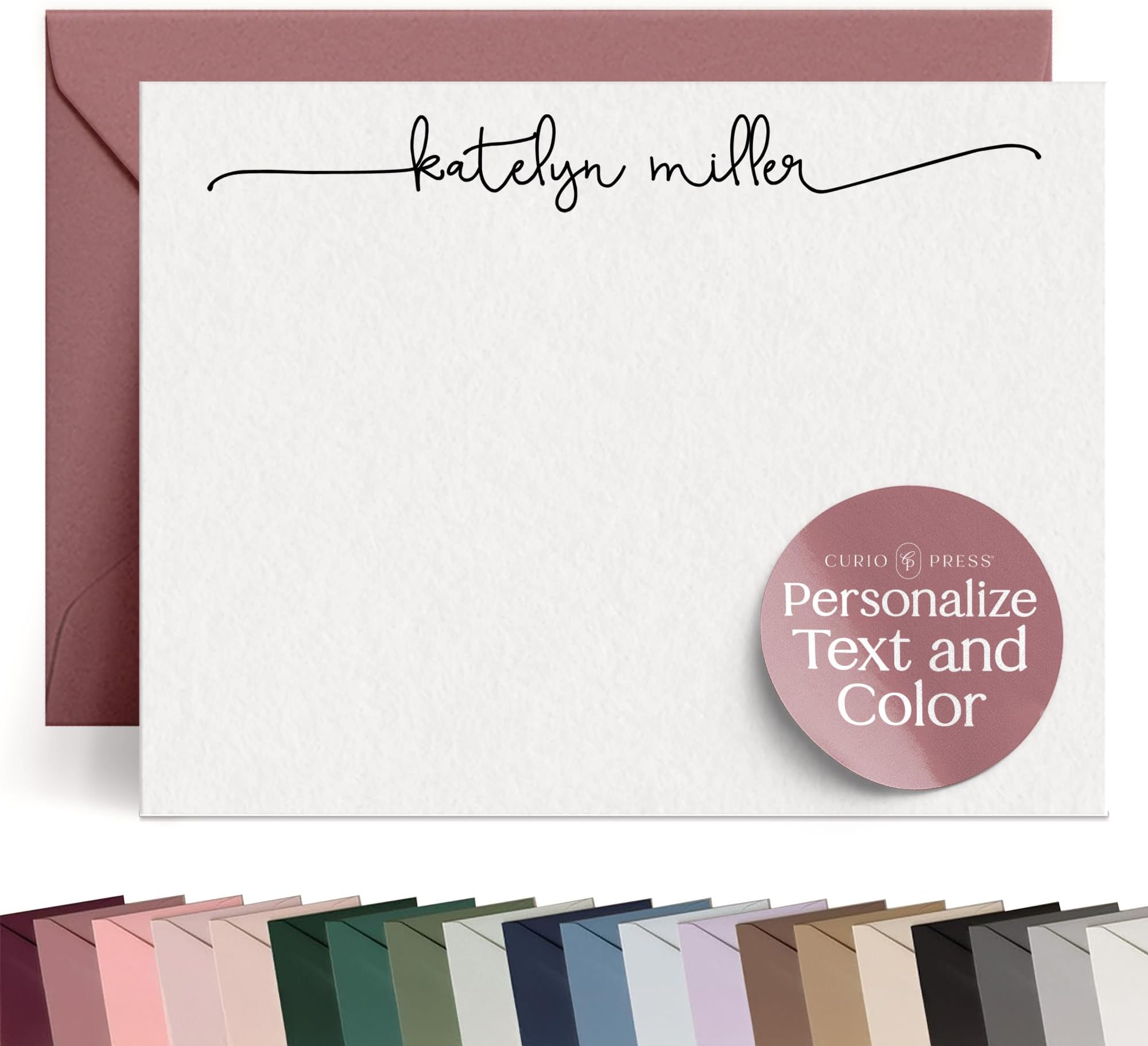 Curio Press Personalized Stationery for Women & Men - A2 Flat Thank You Cards with Custom Notecards, Handmade Personalized Note Cards with Envelopes and Name, Custom Stationery - Swash Script Flat