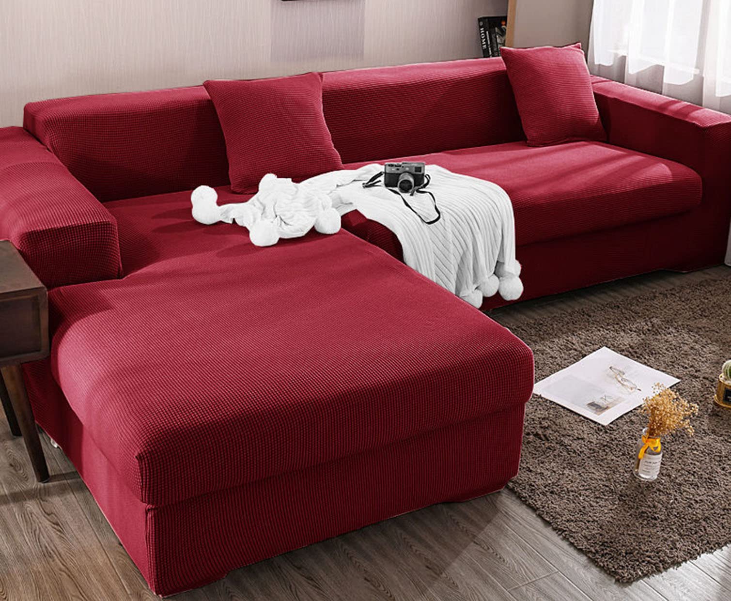 Housse de canapé d'angle en L haut de gamme jacquard rouge extensible 3 et 4 places