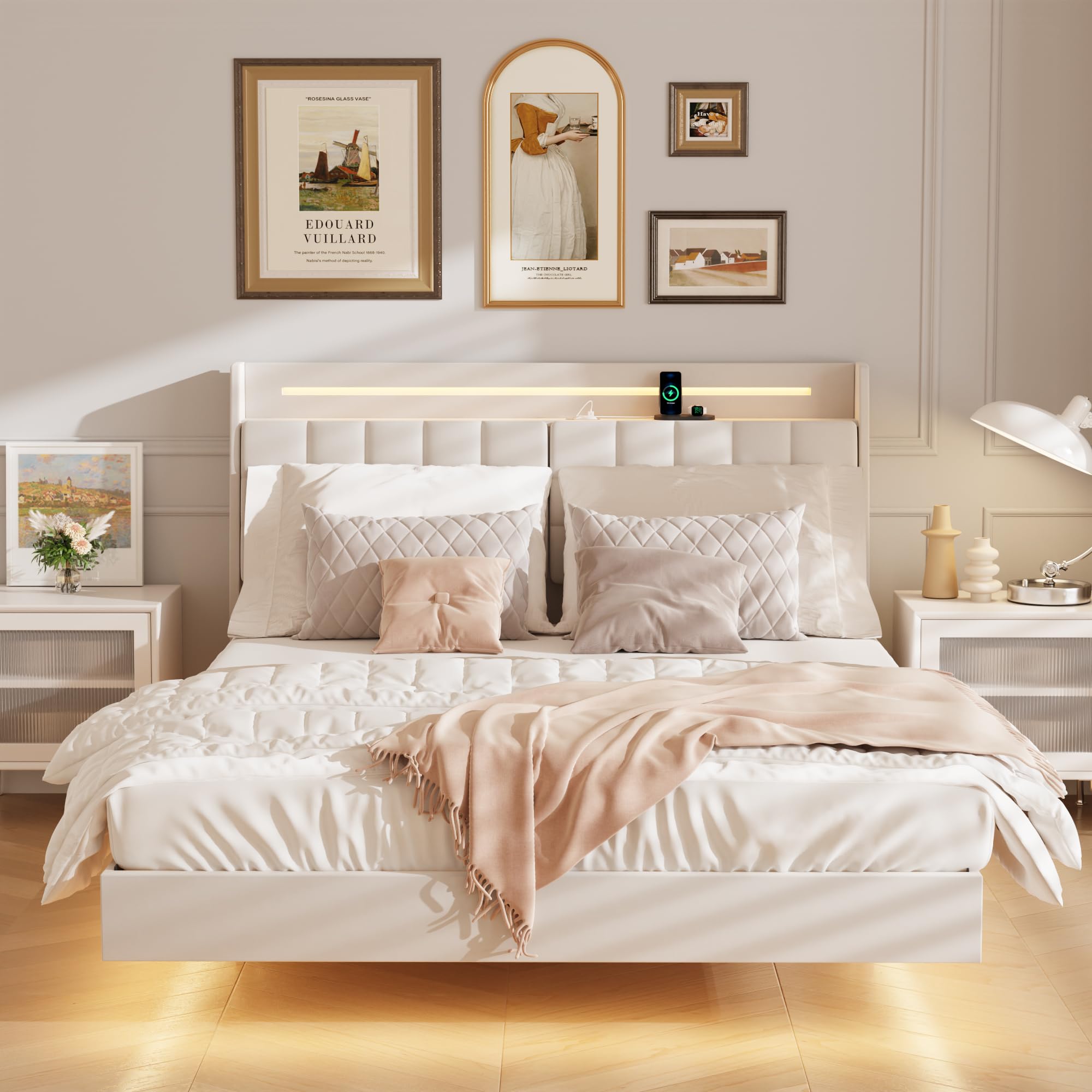 USHOW Floating Bed Frame Queen Size with Storage Headboard, Upholstered Bed Frame with LED Lights and Charging Station, No Box Spring Needed, Beige