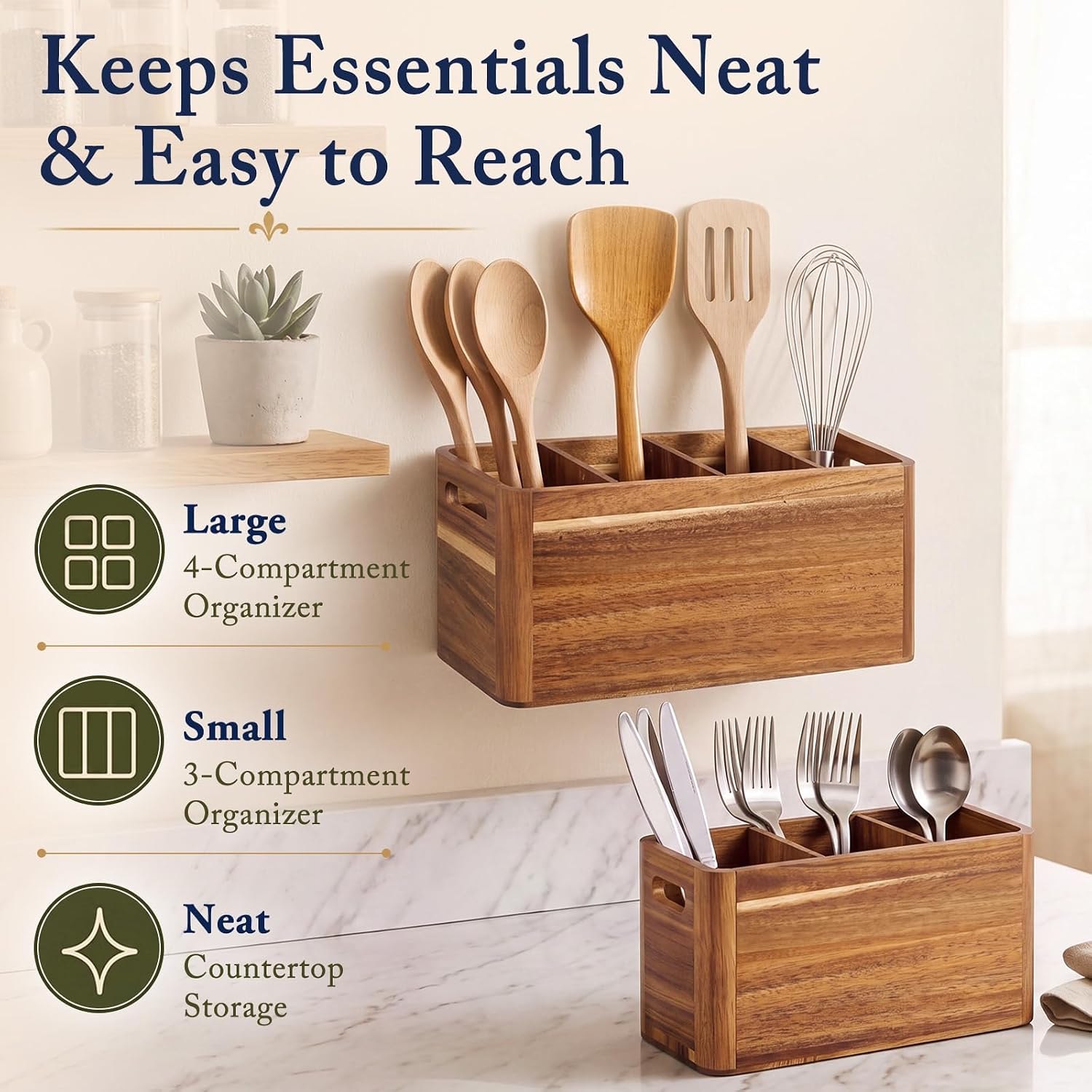 Novabright 2 Pack Acacia Wood Kitchen Utensil Holder & Silverware Caddy