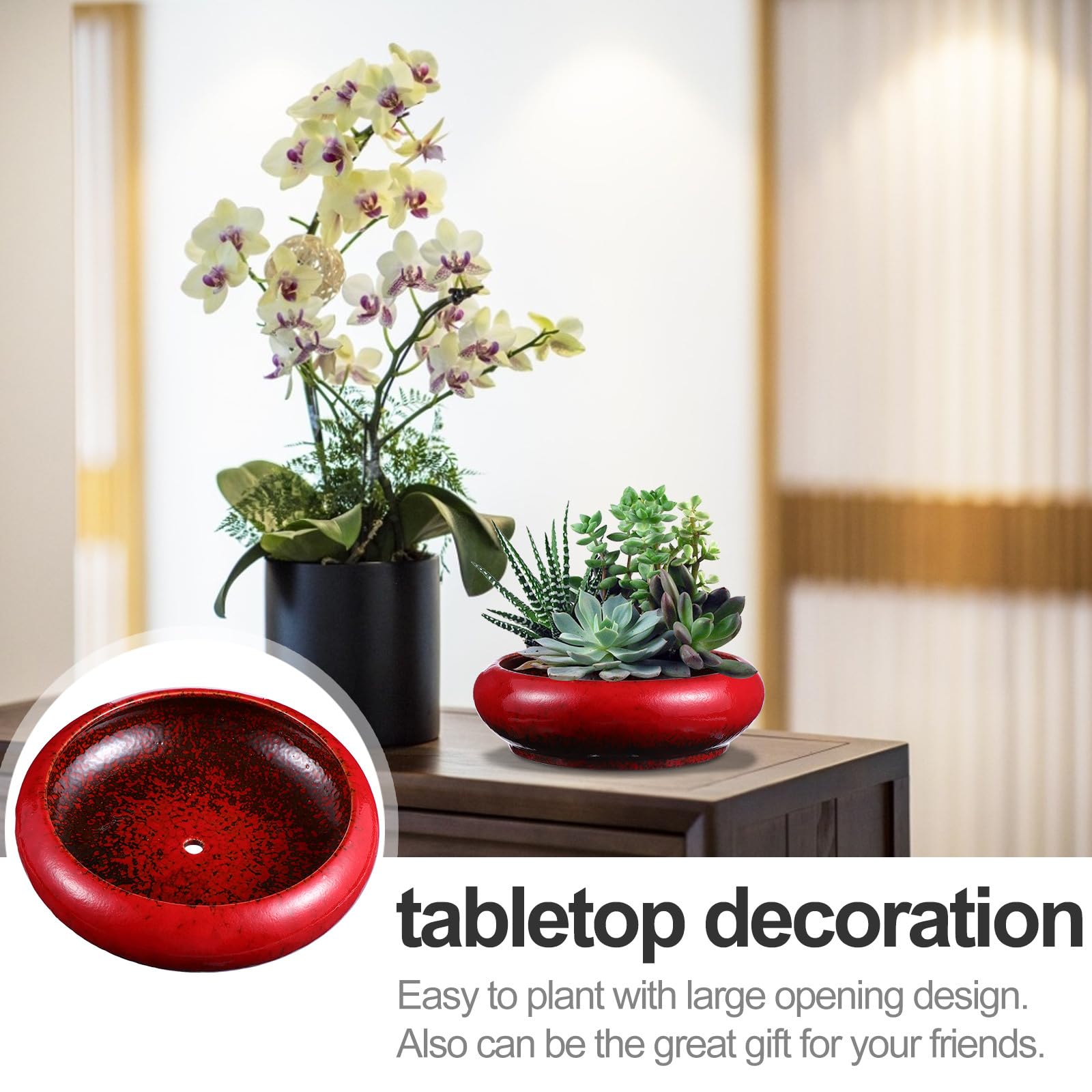 Pot de Fleurs en Céramique Rétro pour Bonsaï et Succulentes Drainage, Grand Diamètre, Couleur Rouge, pour Décorer Jardin ou Salon