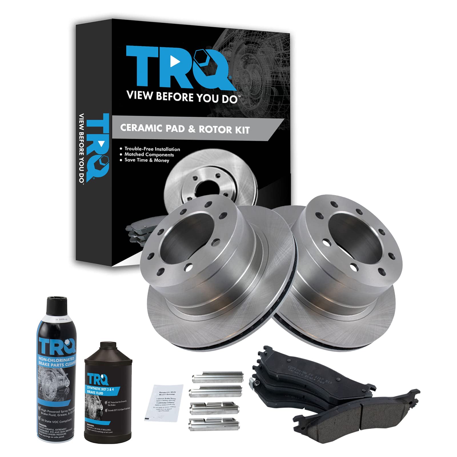 TRQ Rear Brake Pad &amp; Rotor Kit, with Chemical Kit Ceramic Compatible with 2006-2008 Dodge Ram 1500 2003-2008 Ram 2500, 3500