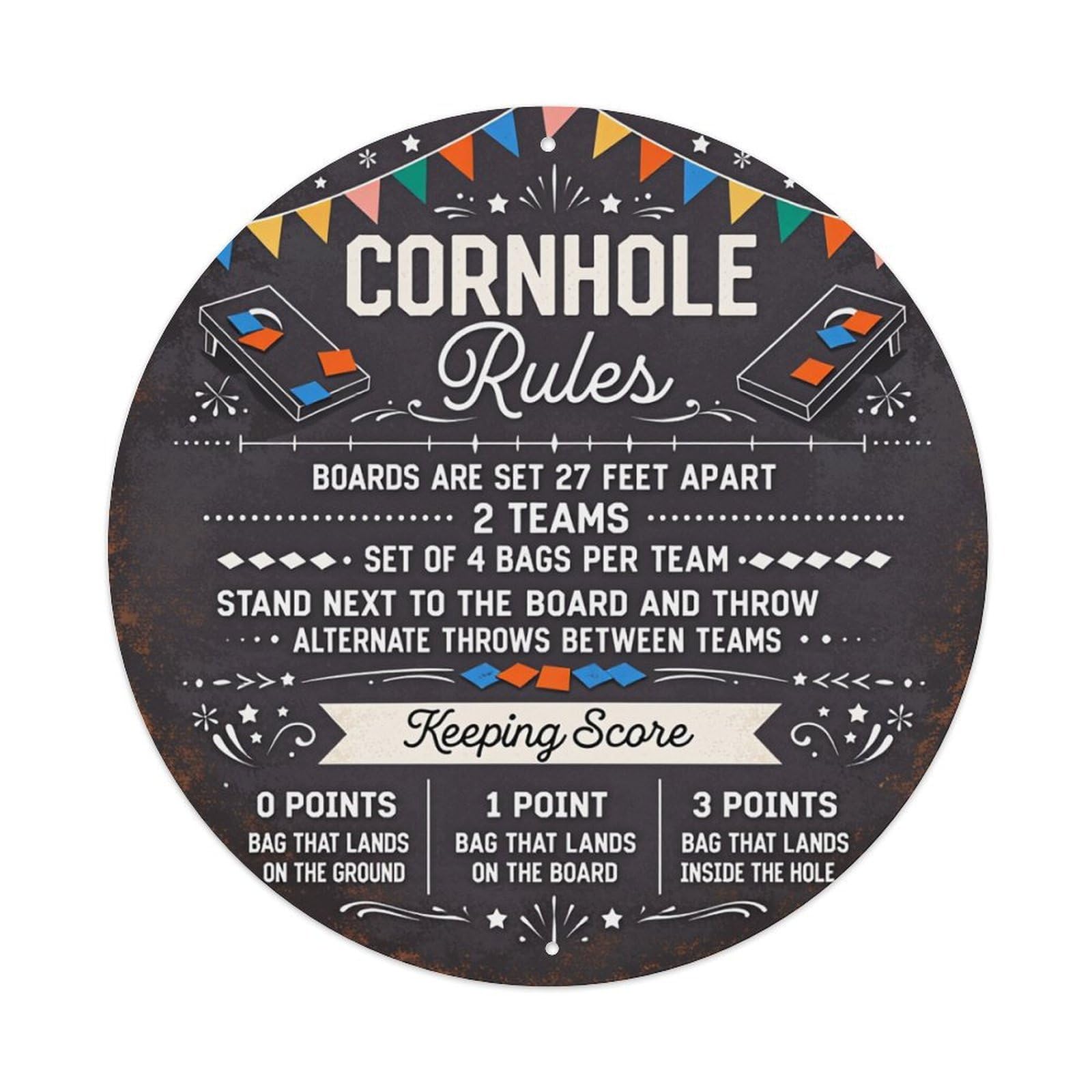 Cornhole Rules Board Game Guide Round Tin Sign Retro Metal Sign for Cafe Bar Pub Home Game Room Gym Club Wall Decoration Vintage Metal Poster 8x8 Inch