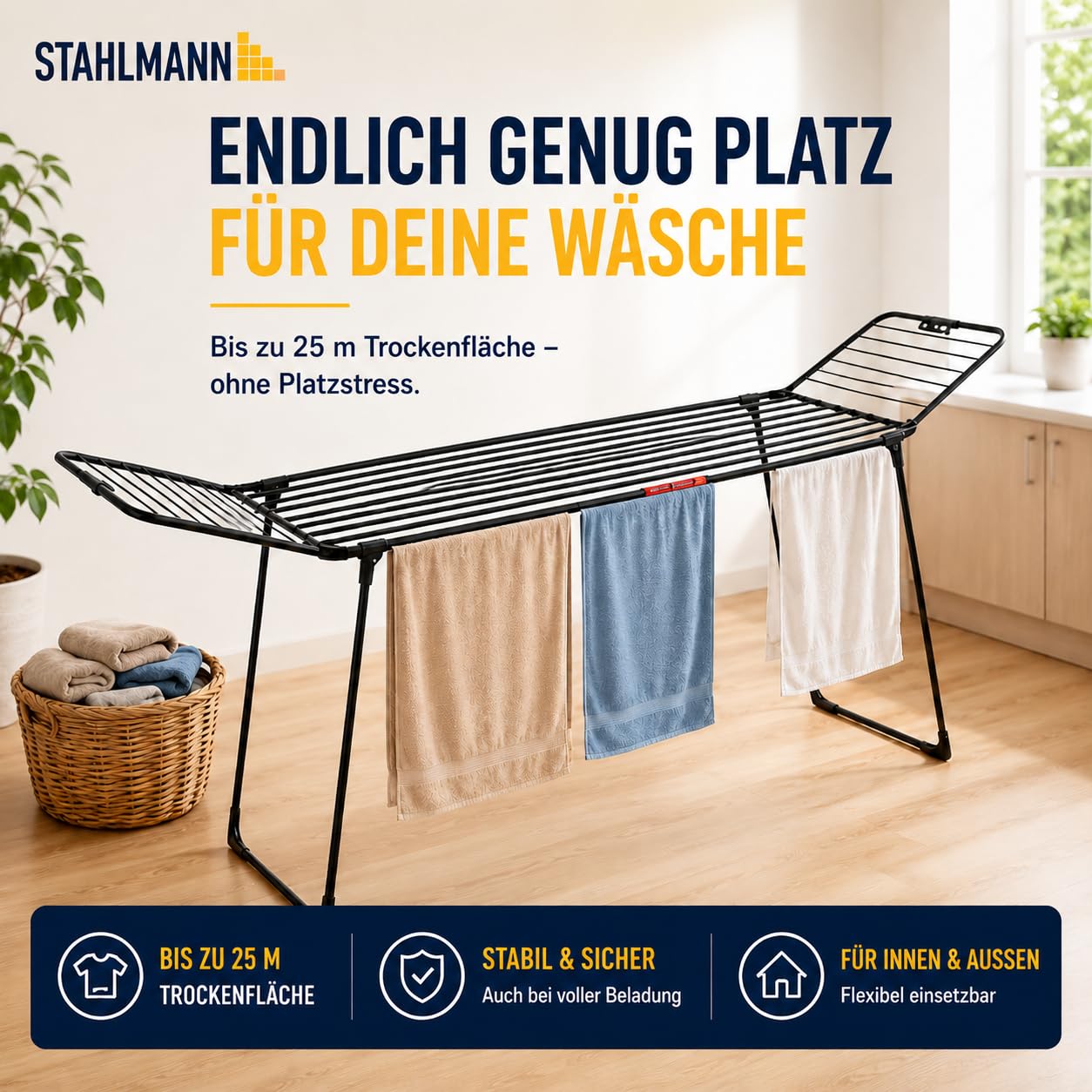 STAHLMANN Wäscheständer ausziehbar 25M Trockenfläche XXL Made in EU schwarz mit Klemmen