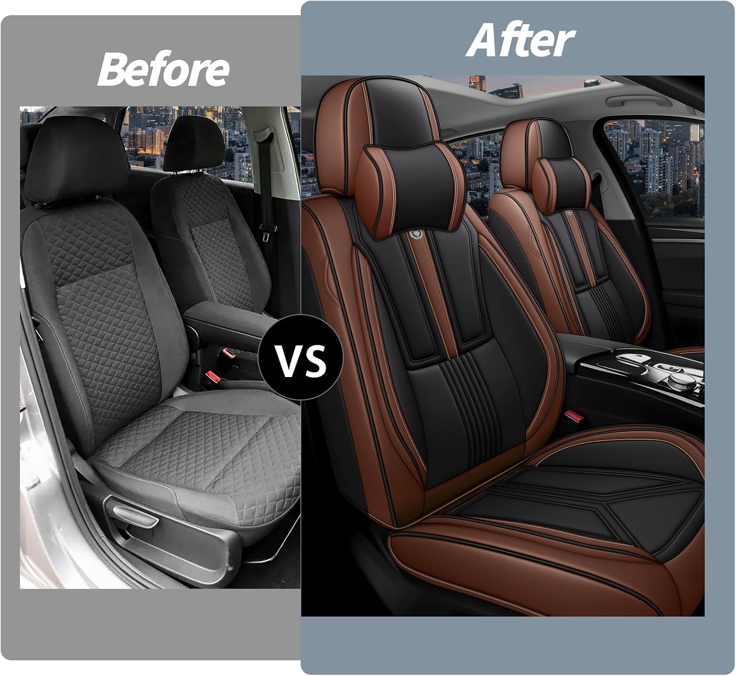 Arazi Front Seat Covers for Cadillac Escalade 2008-2025, Nappa Leather Seat Cover Full Coverage Waterproof Car Seat Protector (Black&Brown,2 Seats Luxury)