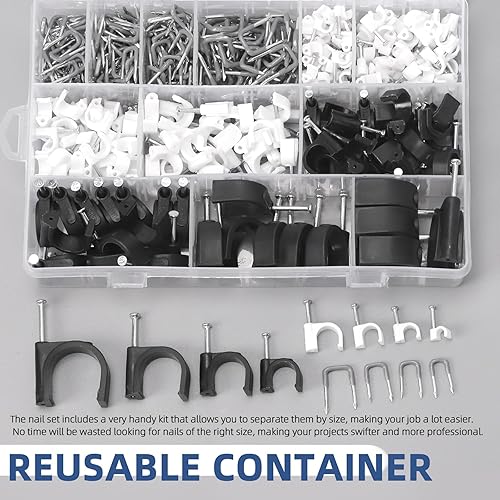 Miniatura 6 de Glarks 423 clips de cable con clavo de acero y kit de clavos aislados en U, 223 piezas M4681012162025, 200 piezas de clavos eléctricos de grapas en