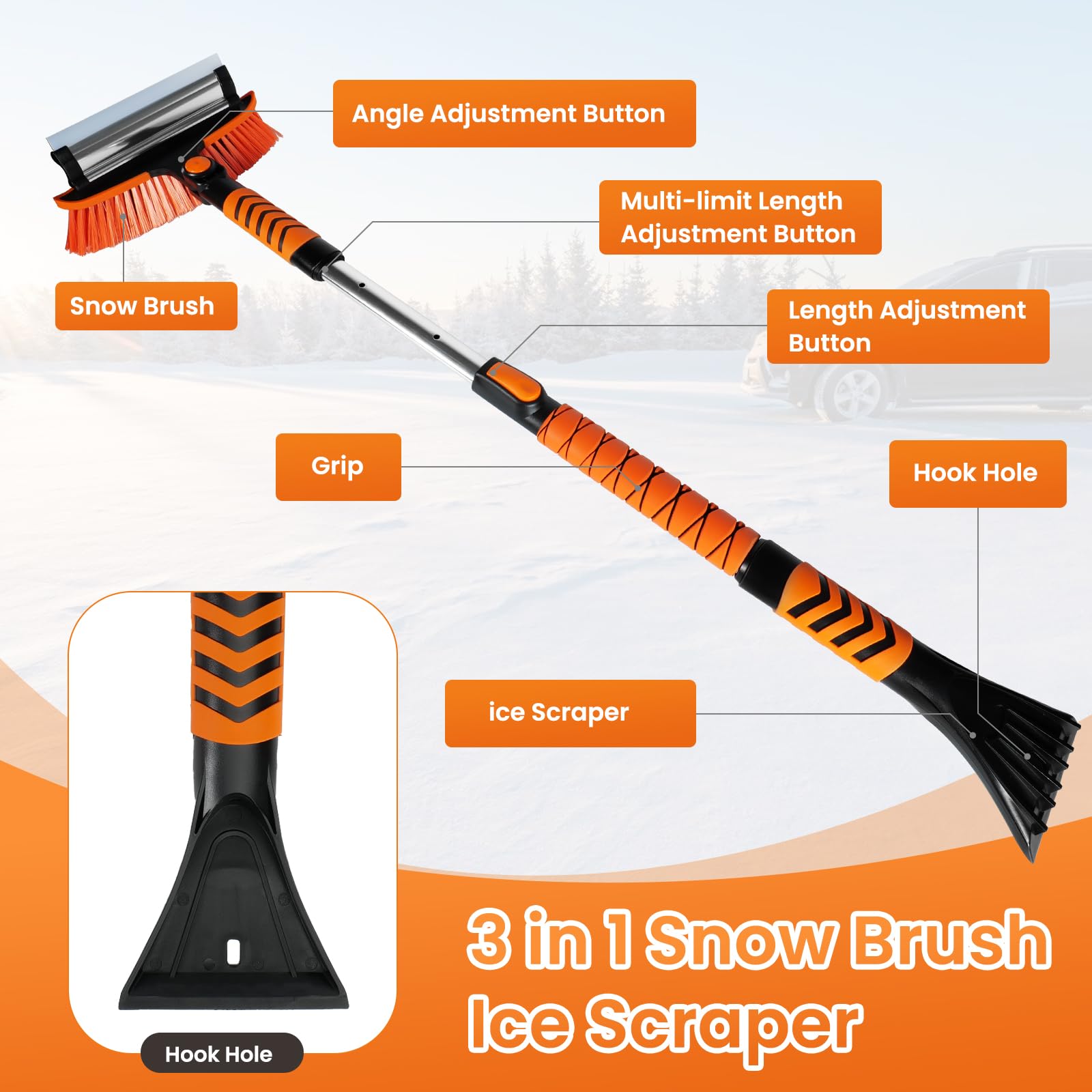 Skrobaczka do szyb samochodowych, 110 cm, wysuwana szczotka do śniegu z rakielem, obracana o 270° głowica szczotki, ergonomiczny uchwyt piankowy, do SUV-ów, ciężarówek, przedniej szyby