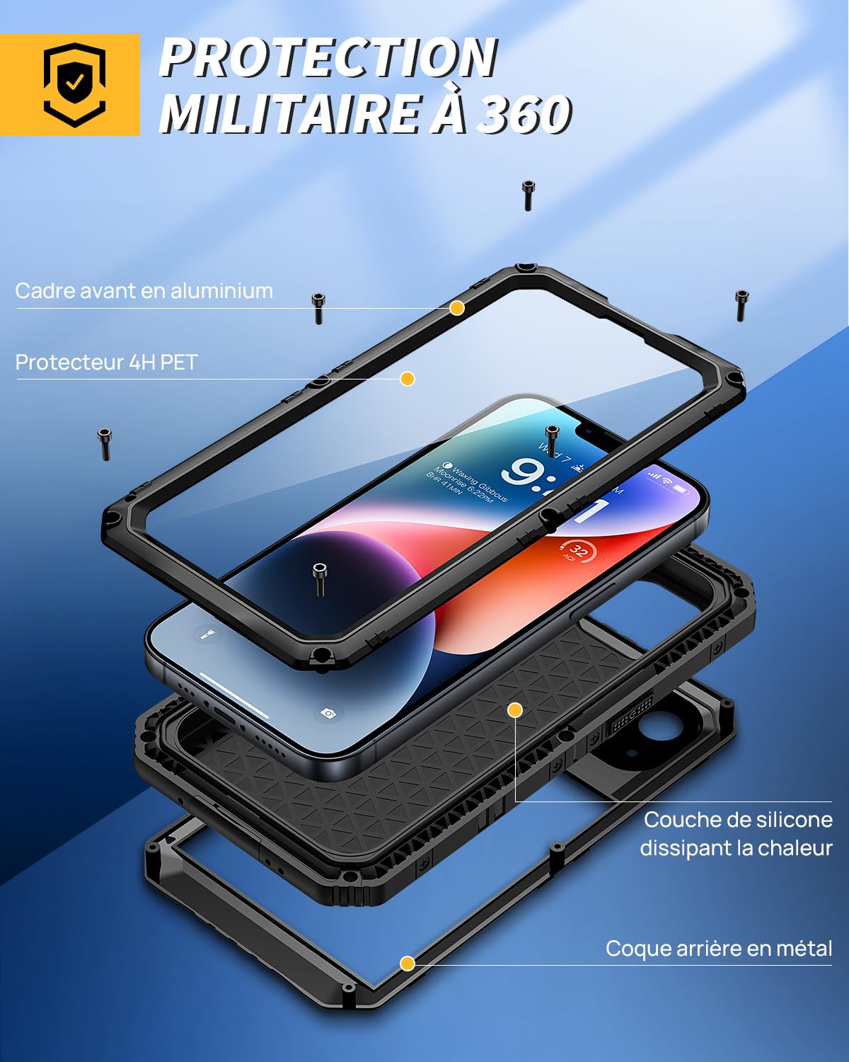 Lanhiem Coque pour iPhone 14 Étanche, IP68 Imperméable Métal Militaire Antichoc, Incassable 360 Intégrale Etui avec Protège-Écran Intégré pour iPhone 14, Noir