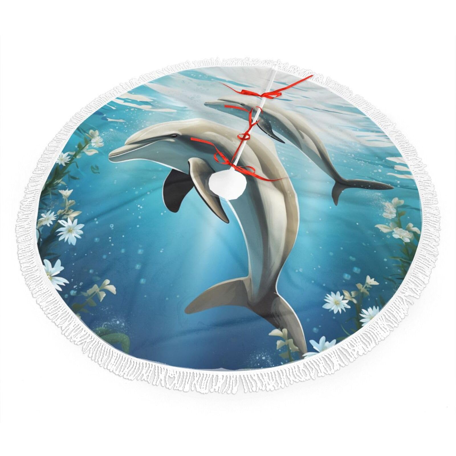 Kiss Dolphin Tale Christmas Tree Skirt 48", Soft Plush Xmas Tree Carpet with Tassel Christmas Ornaments Winter Holiday Tree Mat Decoration for Home Party Supplies