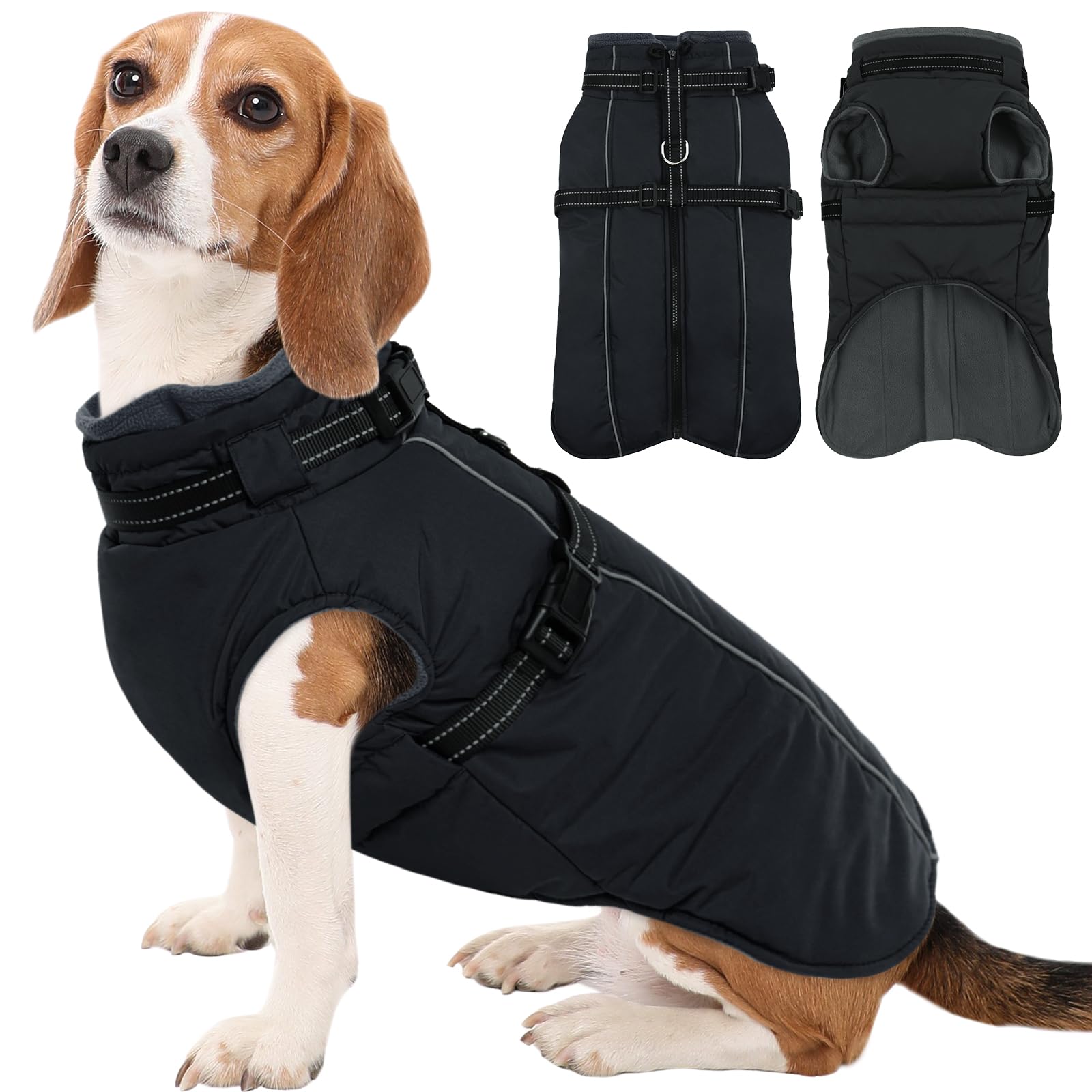 Sponsored Ad – Medium Dog Coat - Waterproof, Warm Fleece Jacket with Built-in Harness, Reflective, Black