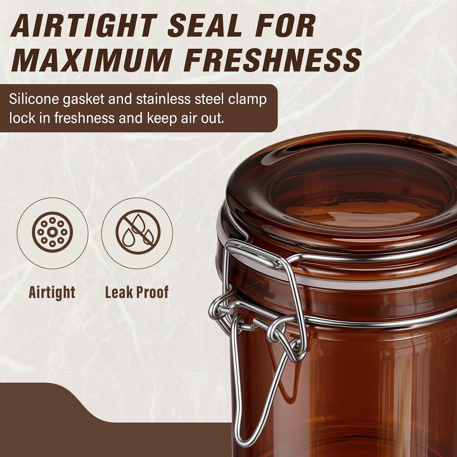 Norme 6 Pack Amber Airtight Glass Jars, Cylinder, 8 oz, with Lids