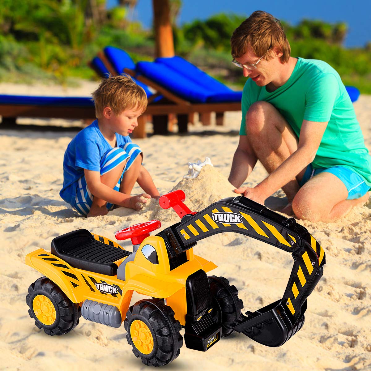 COSTWAY Ruspa Elettrica Multifunzione per Bambini, Escavatore Giocattolo Cavalcabile Elettrica, con Pietra ed Casco, Regalo per Bambini 3 Anni+, 89x45x30 cm