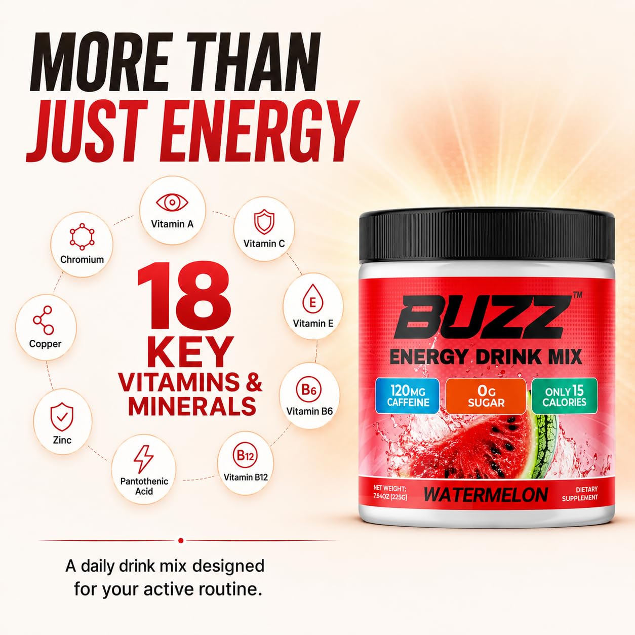 Sugar Free Energy Drink Powder - 18 Vitamins & Minerals - Watermelon Flavor — Amazon image 5