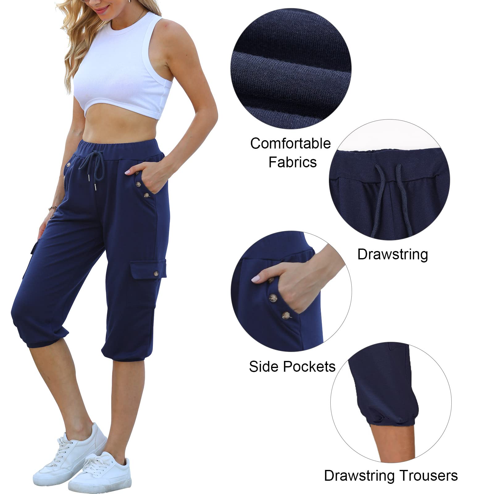 heekpek Pantalon Pirata Mujer Verano Pantalon Chandal 3/4 Mujer Casual Holgado Pantalones Capri 3/4 Pantalon Deporte con Botón Bolsillos y Cordón Cintura Elástica