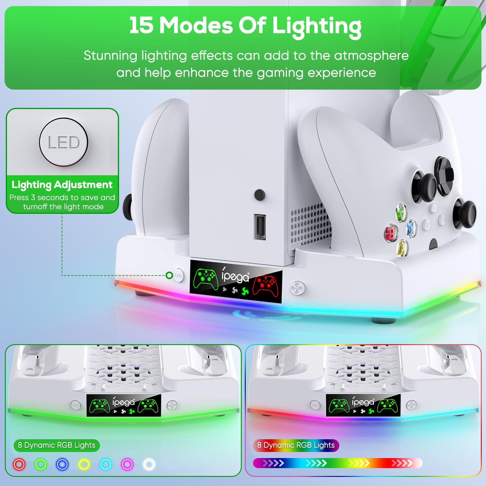 FYOUNG stazione di ricarica Xbox Series S verticale con 15 luci RGB, raffreddamento ventilato, 2 batterie ricaricabili