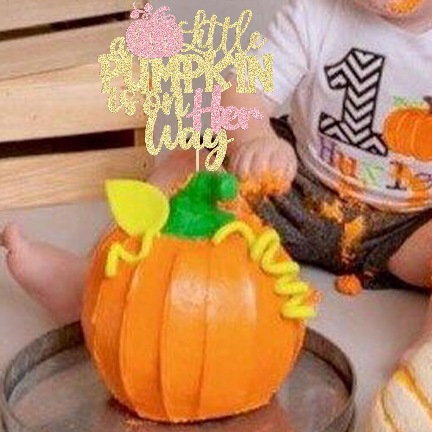 Little Pumpkin is on the Way Cake Topper, Glitter Pumpkin Baby Shower Cake Topper Decorations for Autumn/Halloween Themed Baby Shower Kids Boys Girls Birthday Party (Little Pumpkin on her way) 4