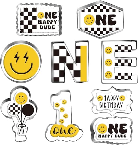 Whaline 9 piezas de cortadores de galletas de cumpleaños con texto en inglés One Happy Dude Party, cortadores de galletas de cumpleaños, placas de