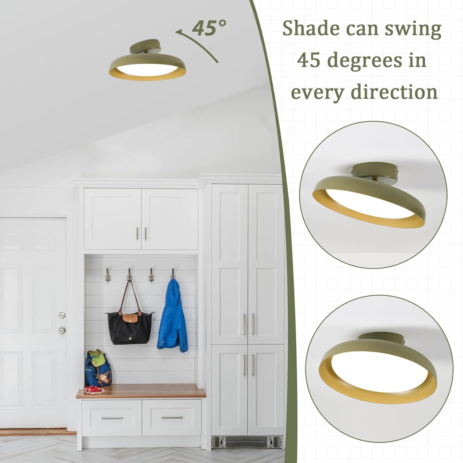 BISAMIYA Modern LED 12.6 inch Ceiling Light, Adjustable Semi Flush Mount Ceiling Light Fixture, Brass Accent, for Hallway, Kitchen, Entryway, 18W 3000K Warm White