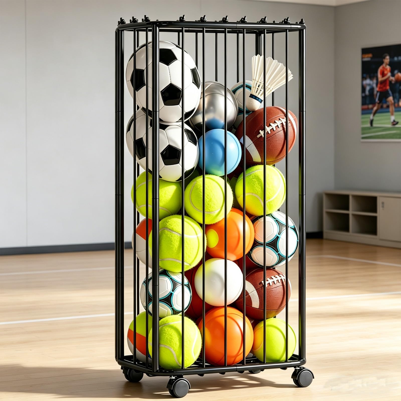 Garage Lagerung von Sportgeräten, 56 x 34 x 116cm Ballaufbewahrungsregale Outdoor mit Rädern und elastische Bänder, Abnehmbares Ball Aufbewahrung für Basketball, Fußball, Football, Volleyball
