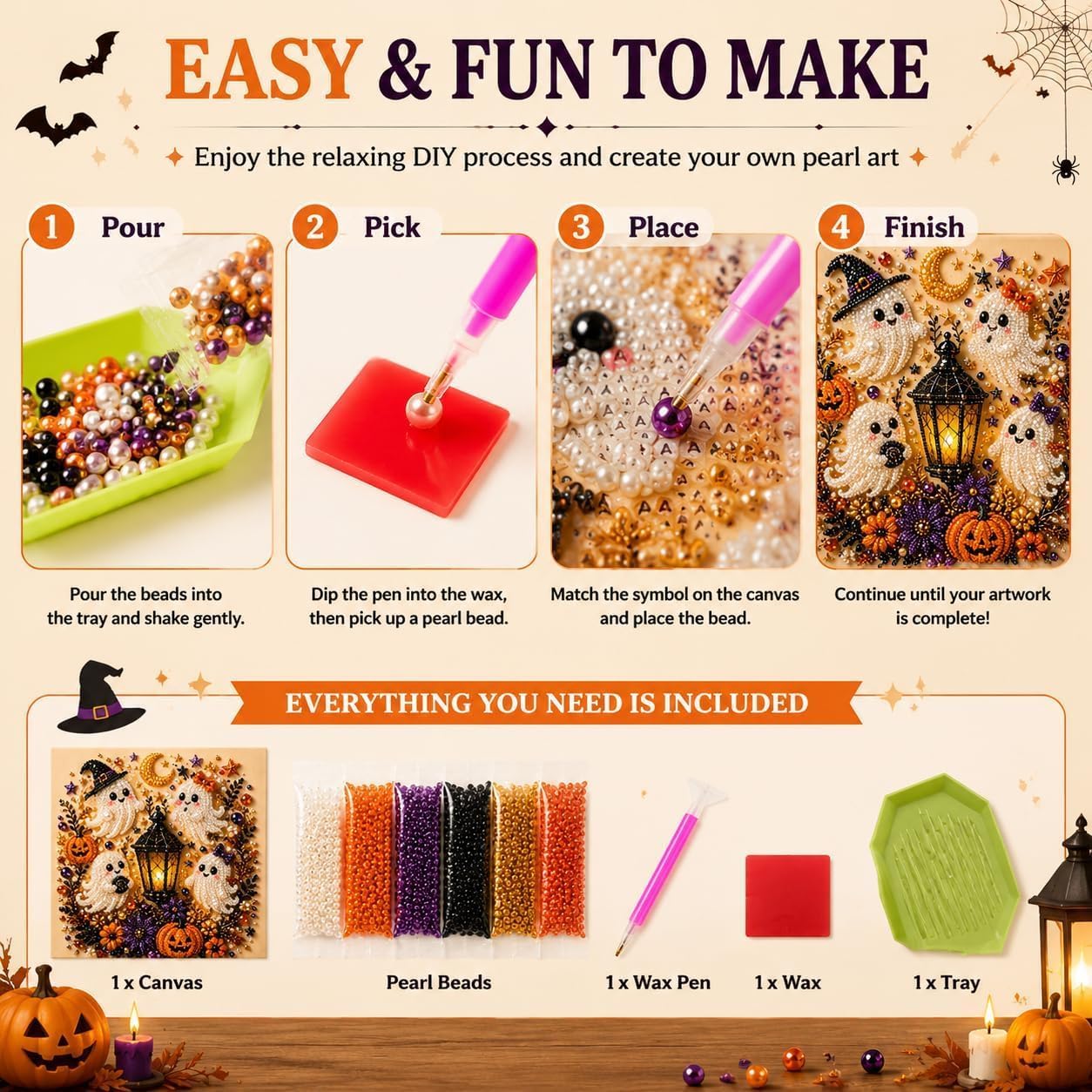 Halloween Pearl Art Kit, Cute Ghost 3D Diamond Art DIY Craft Kit with Resin Pearls, Spooky Cute 3D Diamond-Painting Crafts for Adults, Fall Home Decor Wall Art, Beginner DIY Seasonal Party Gift (#B)