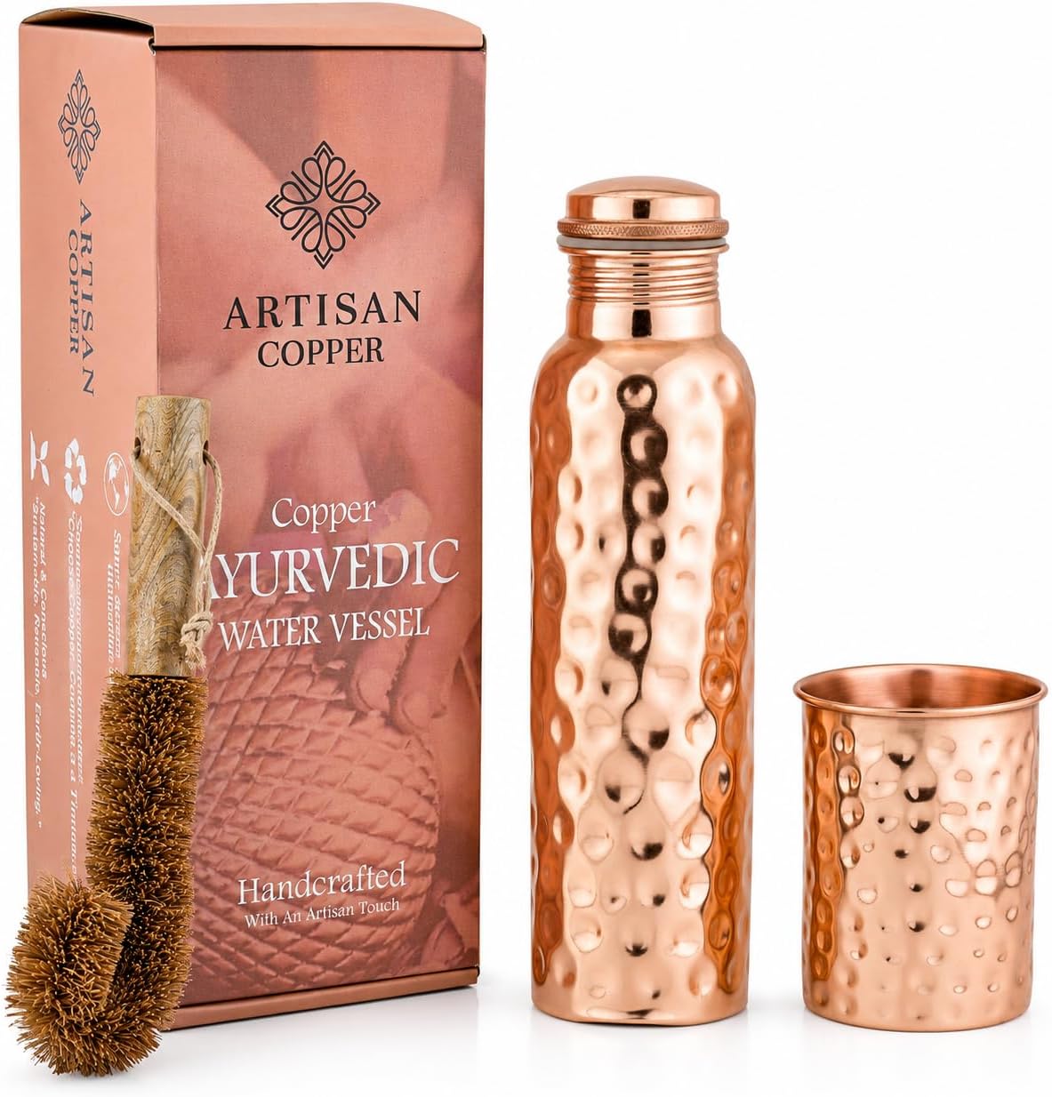 Artisan Copper Ayurvedic Copper Water Bottle 32oz (950ml) Handcrafted Hammered Botte for Drinking with Tumbler and Wooden Brush Leak Proof and Reusable Water Vessel