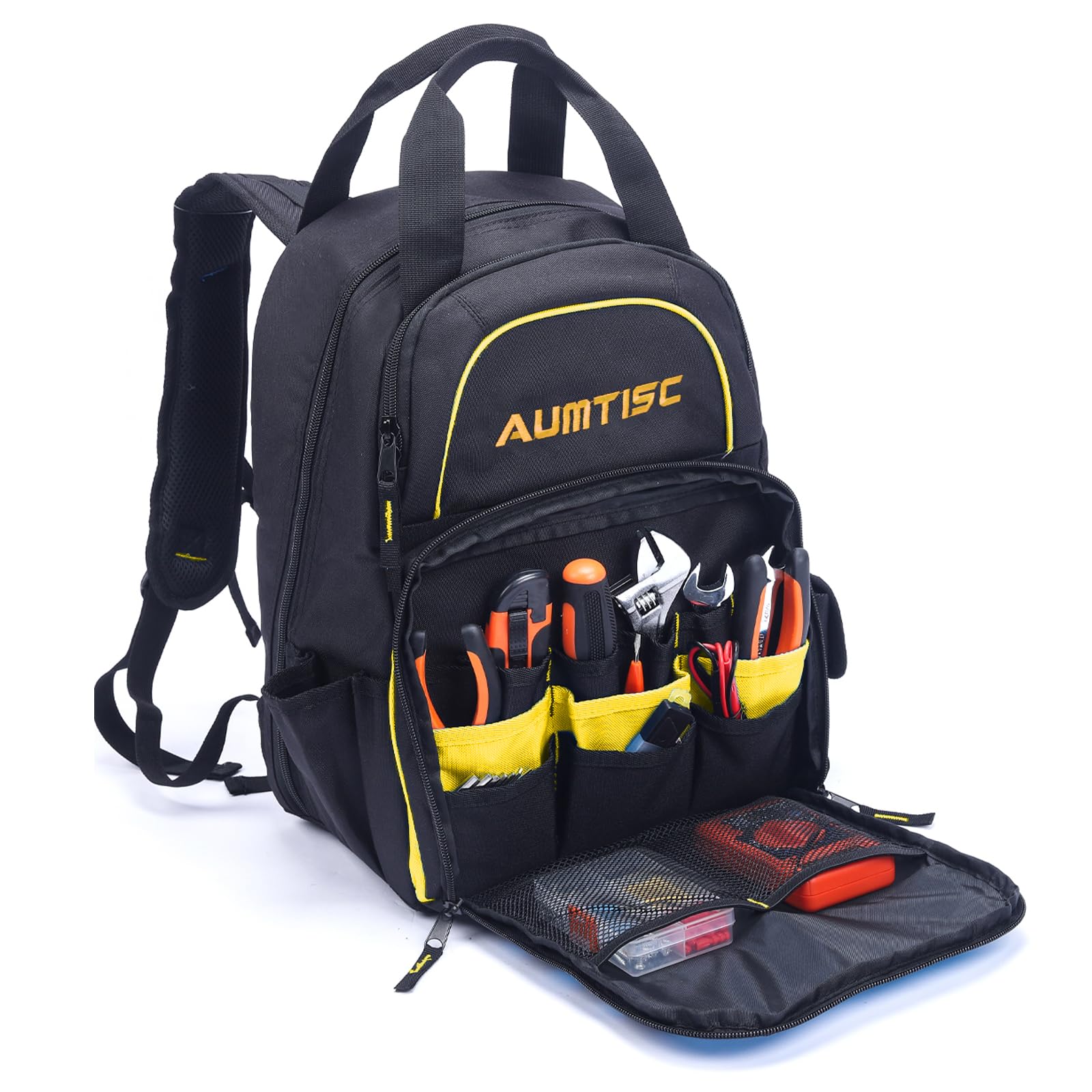 AUMTISC Mochila para herramientas Mochila para trabajo pesado Mochila para herramientas con bolsillo multiusos Mochila para trabajo industrial y de construcción (Amarillo)