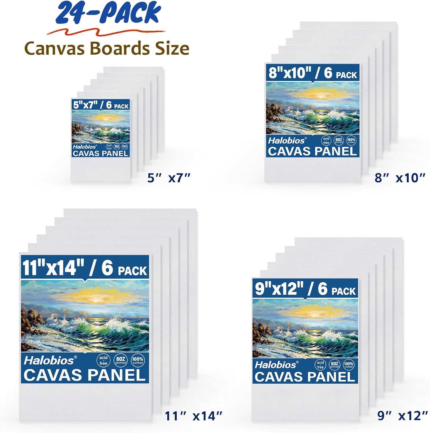Halobios 24-Pack Canvas Boards for Painting, 6 of 5x7 8x10 9x12 11x14 Canvas Panels for Kid & Adults 100% Cotton Gesso Primed Art Painting Supplies for Acrylic, Oil, Tempera & Watercolor