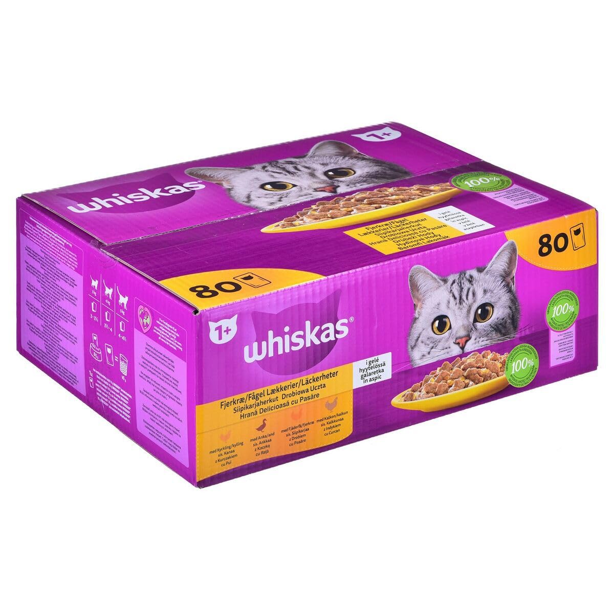 Whiskas Adult 1 + cibo umido per gatti, pollame in gelatina, 80 sacchetti per porzioni, 80 x 85 g, cibo umido per gatti adulti