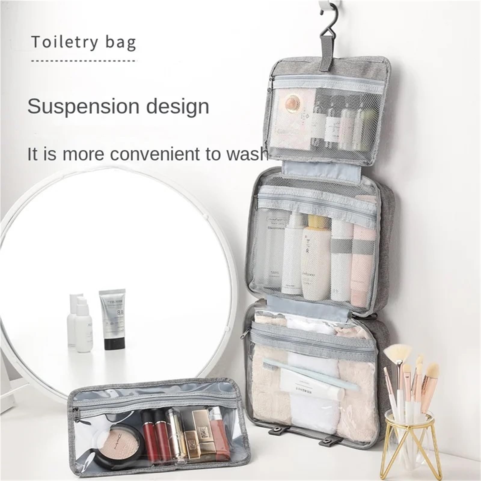 Borsa da toilette pieghevole impermeabile viaggio 1 pezzo for separazione asciutta e bagnata for cosmetici di grande capacità Per Viaggi(Dark Blue)