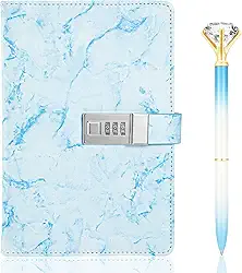 Zonon Diário com cadeado para meninas, combinação de diário de mármore PU A5 com caneta de diamante, organizador de agenda de volta às aulas para homens e mulheres (azul)