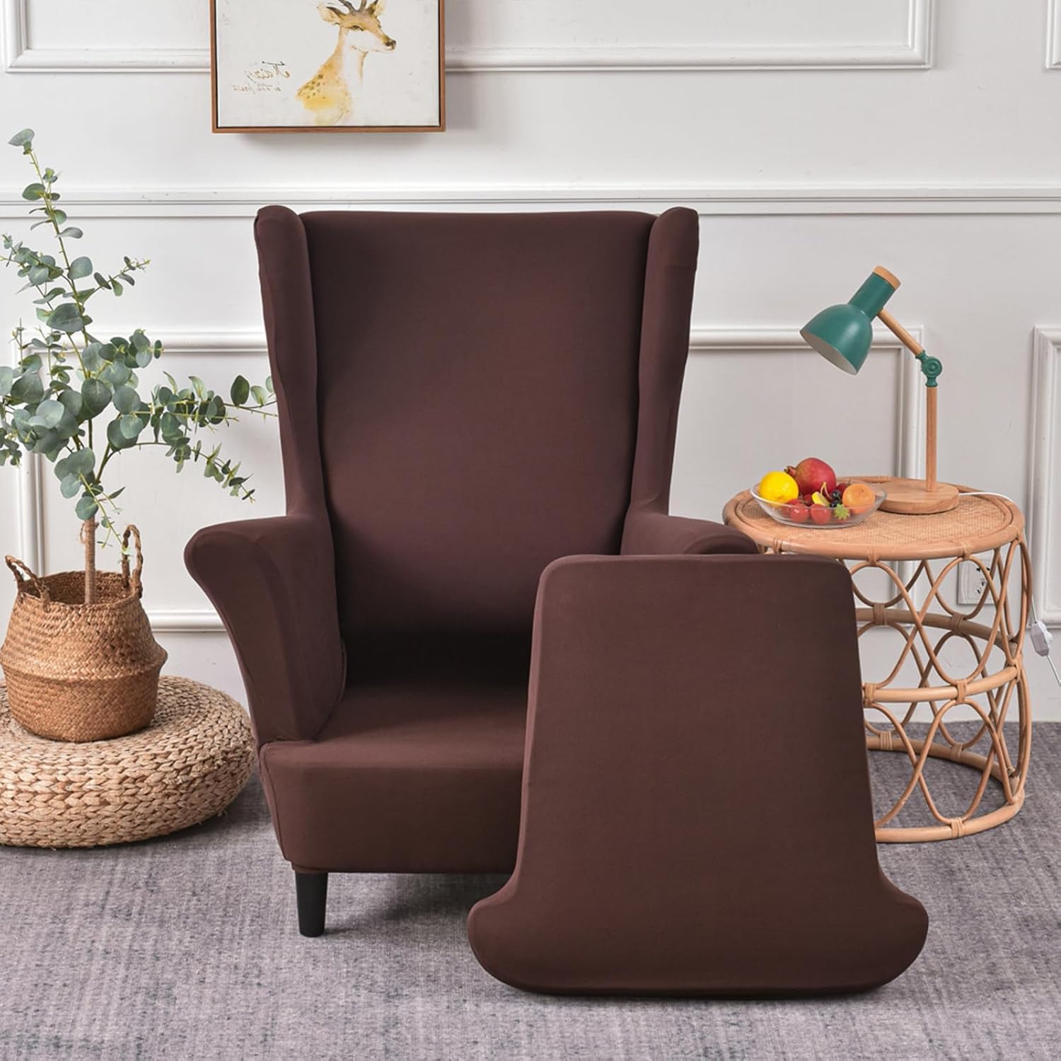 Wingback Chair Cover Ottoman Wing Chair Slipcover 2 Piece Solid Color Stretch Slipcover Armchair Furniture Protector Armchair Sofa Couch Cover,Coffee