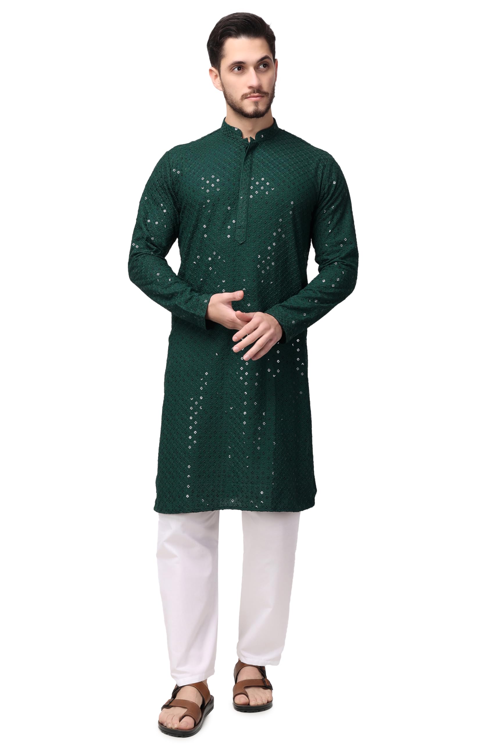 Men's Rayon Chikankari Embroidered and Sequence Kurta with Churidar-image-31