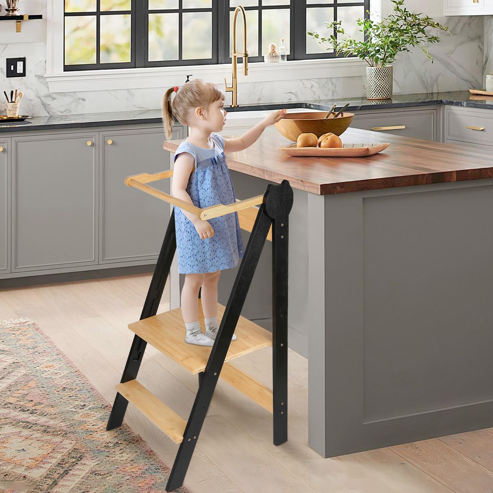 Homewell Składana bambusowa wieża edukacyjna Montessori, naturalna wieża obserwacyjna dla dzieci od 12 miesięcy, metoda Montessori, 3 regulowane wysokości, nóżki zapobiegające przechyleniu