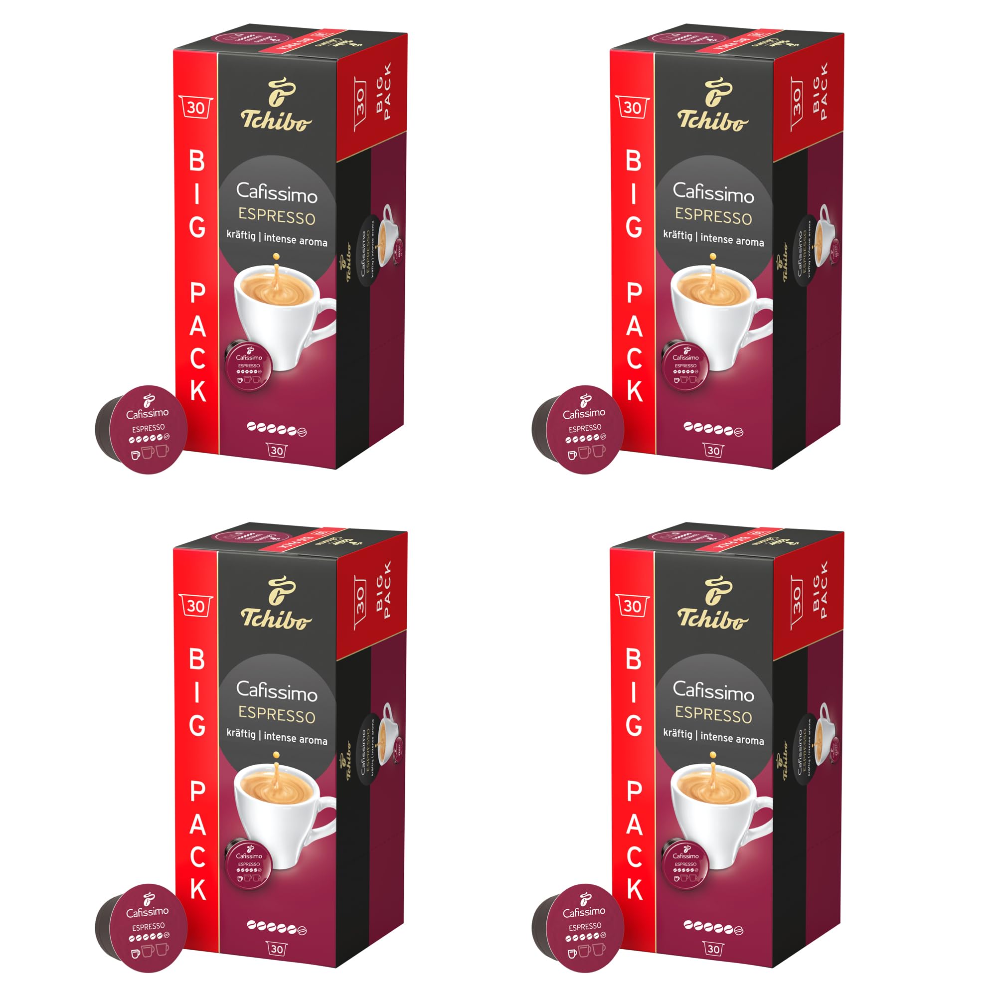 Tchibo Cafissimo Vorratsbox Espresso kräftig Kaffeekapseln, 120 Stück – 4x 30 Kapseln (Espresso, intensiv mit kräftigen Röstaromen), nachhaltig & fair gehandelt