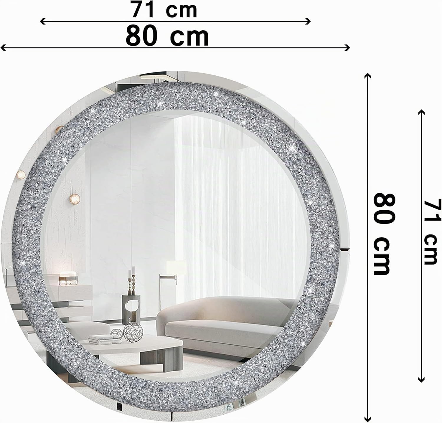 SHYFOY Gran Espejo Redondo, Ø 80 cm, Espejo de Pared Redondo con Diamantes de Cristal, para Salón, Baño, Entrada, Plata