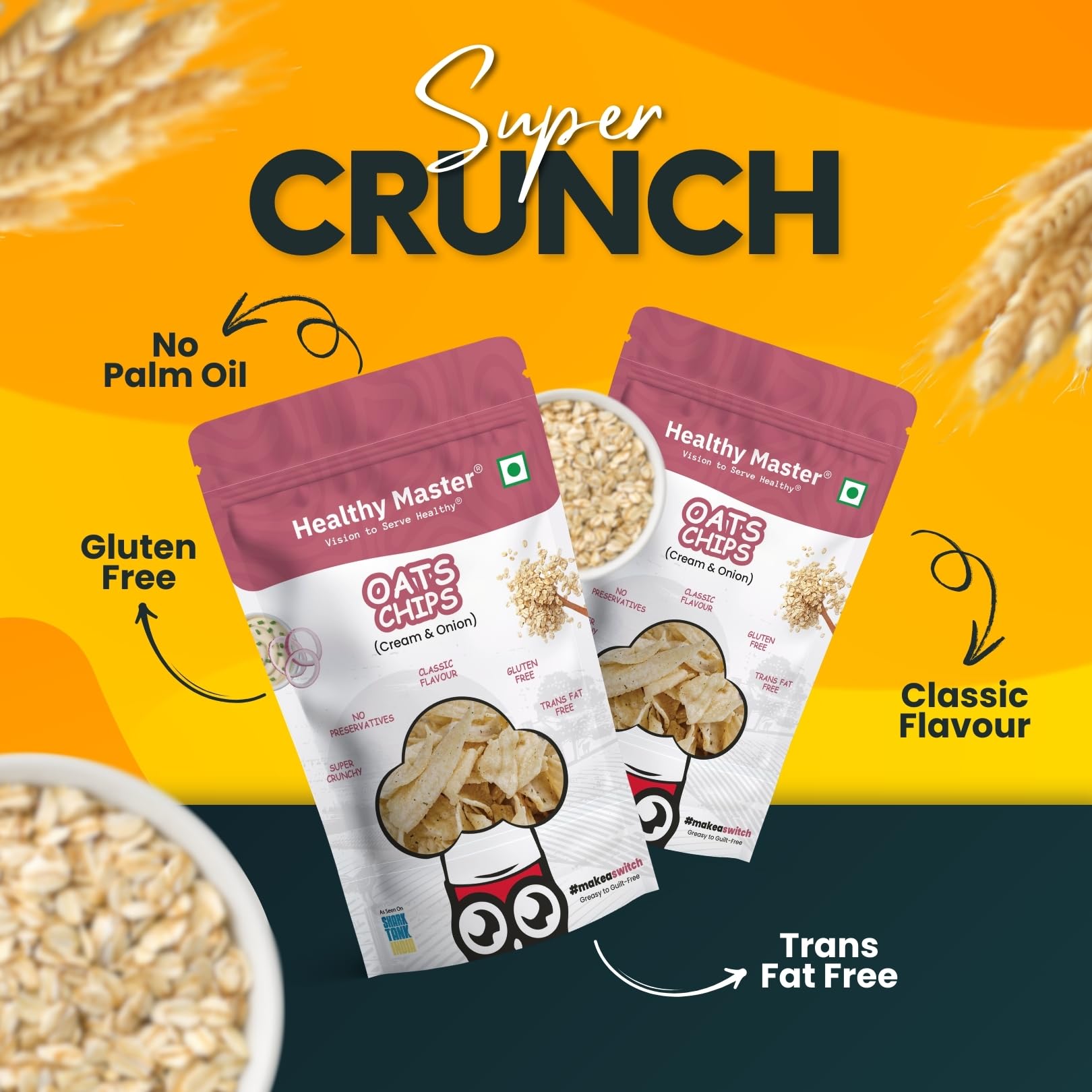 Healthy Master Oats Chips Combo 100g - Pack of 3 | Light & Crispy Chips, high protein | Natural ingredients, Vegan, Gluten Free, No Palm Oil, No Artificial Preservatives, Trans Fat Free, Low Calorie 3