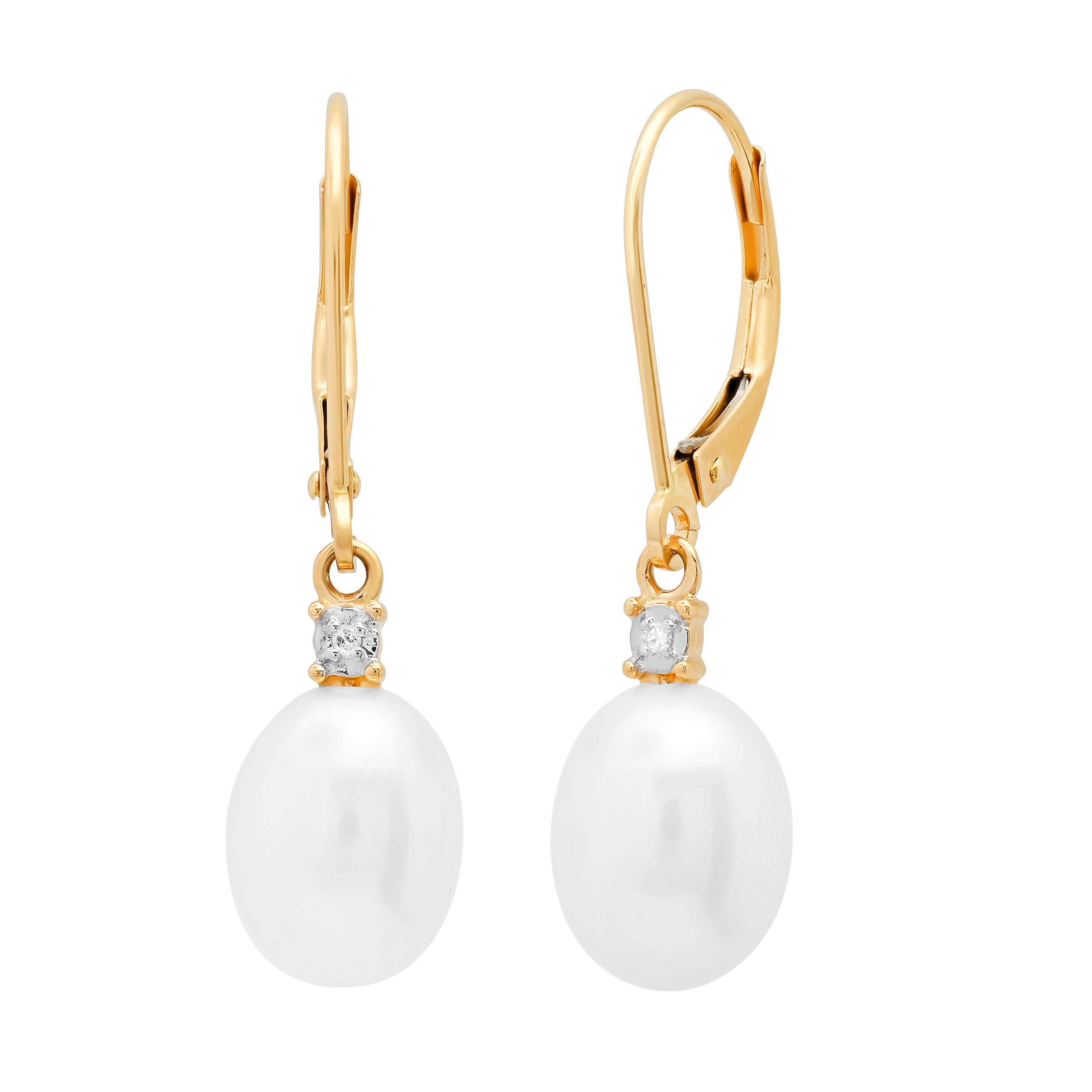 Oval Freshwater Pearl & Round White Diamond Ladies Dangling Drop Earrings, 14K Yellow Gold