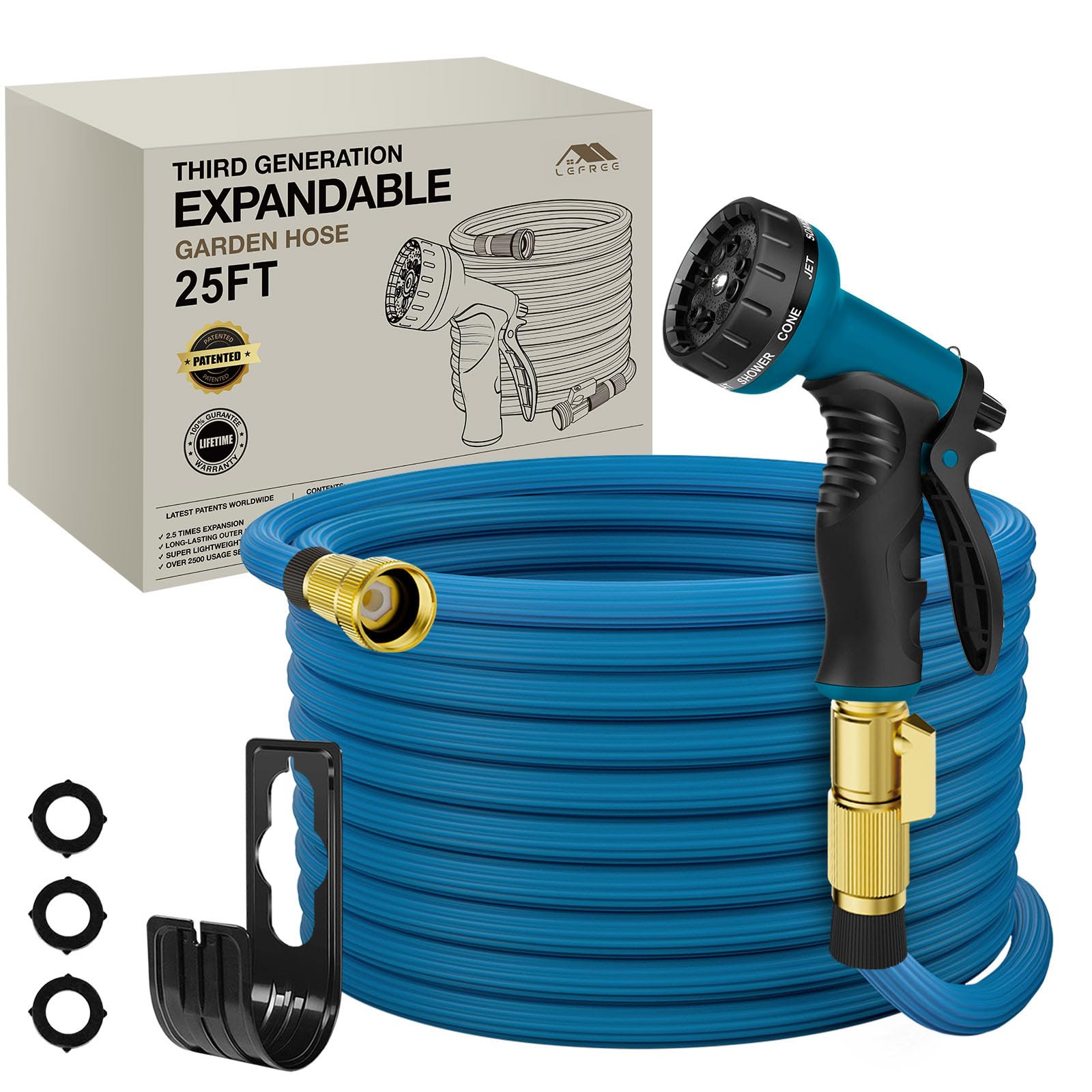 Lefree Garden Hose, Expandable Garden Hose 25ft With Nozzle & Holder, Retractable Water Hose Lightweight Flexible No-Kink Leak-Proof for Gardening Watering Cleaning (Blue)