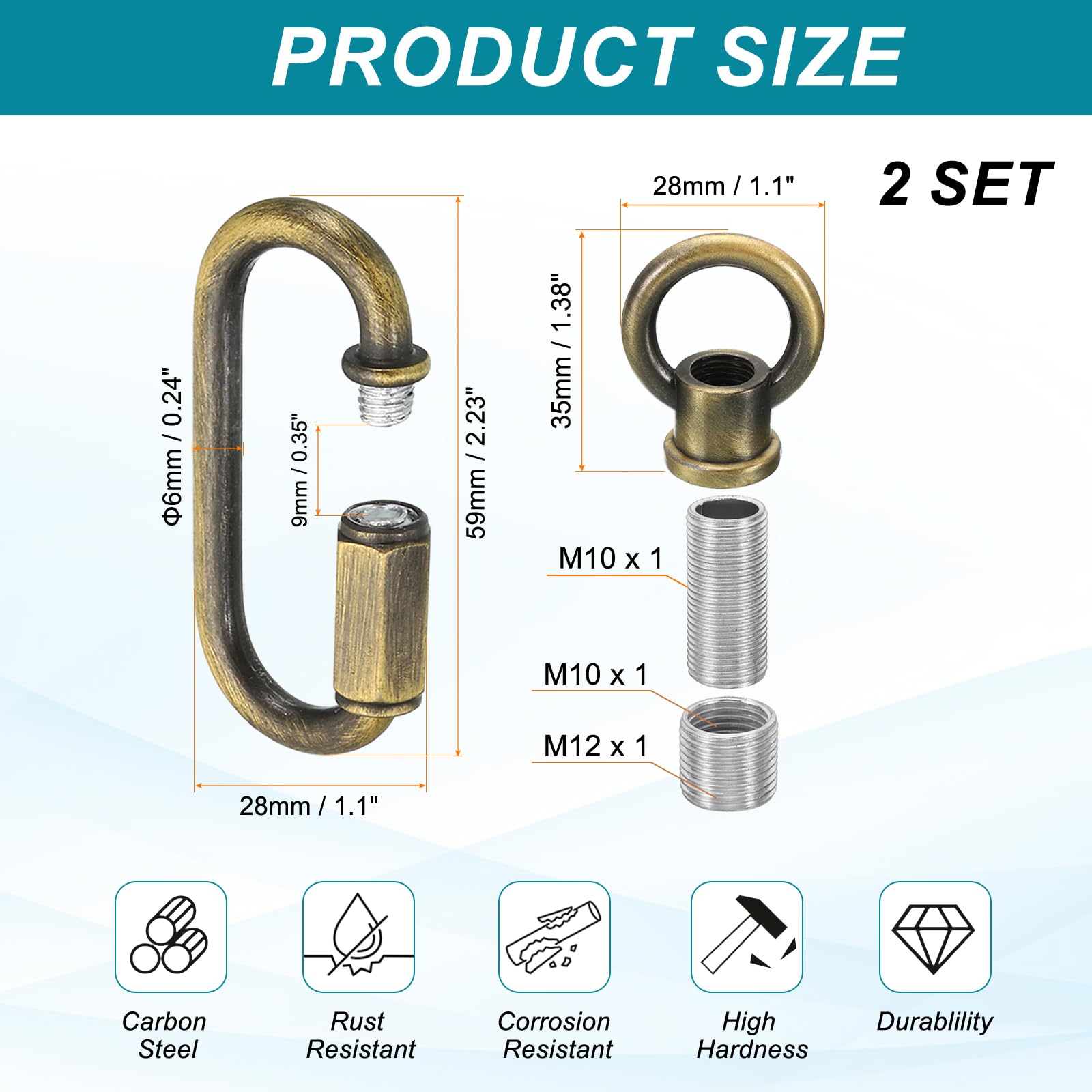 PATIKIL M10 Fine Thread Lamp Female Loop Holder with M12 Adapter Chain Quick Link - Image 2