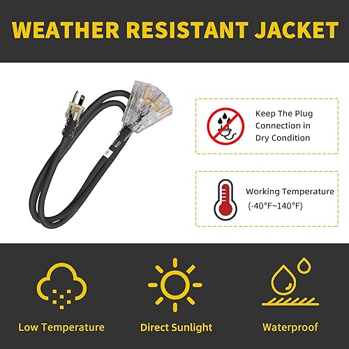 Miniatura 7 de Cable de extensión iluminado para exteriores de 25 pies con 3 tomas de corriente, cable de extensión negro resistente SJTW 123 con enchufe a tierra